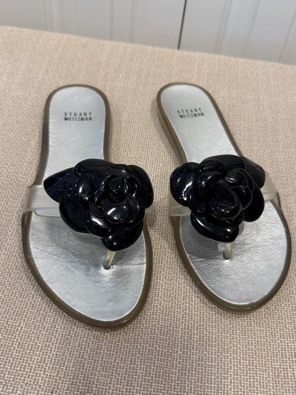 STUART WEITZMAN Bloomed translucent jelly Sandals Large Black Flower US 8